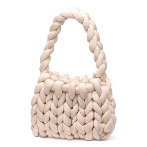 Maral Hand Knit Chunky Yarn Shoulder Bag For Women, Finger Crochet Hand Bag, Washable (Beige)