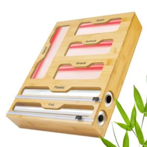 6 IN 1 Foil and Plastic Wrap Organizer with Cutter, Organizer Bamboo for Ziplock Bag Dispenser Suitable for Gallon, Quart, Sandwich & Snack Bag. Compatible with 12″ Kitchen Rolls