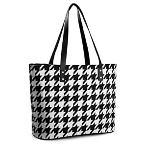 Women’s Fashion PU Leather Shoulder Bags Lightweight Water Resistant Durable Large Capacity Tote Purse Work Travel Weekend Handbag (Abstract Modern Striped Houndstooth And Watercolor Effect Black)