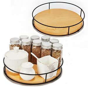 [ 2 Pack ] 9″ & 10″ Pine Wood Lazy Susan Organizers with Steel Sides, Lazy Susan Turntable for Cabinet, Kitchen Turntable Storage for Table, Countertop, Pantry