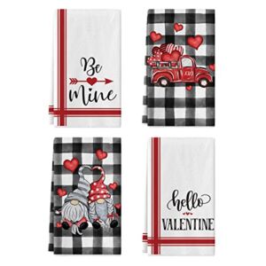 Artoid Mode Buffalo Plaid Gnomes Truck Hello Valentine Kitchen Towels Dish Towels, 18×26 Inch Seasonal Valentine’s Day Decoration Hand Towels Set of 4