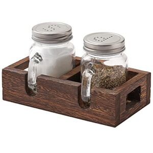 Glass Mason Jar Salt and Pepper Shaker Set with Rustic Wooden Tray for Farmhouse Kitchen Table Countertop, Rustic Home Decor and Gifts – Brown