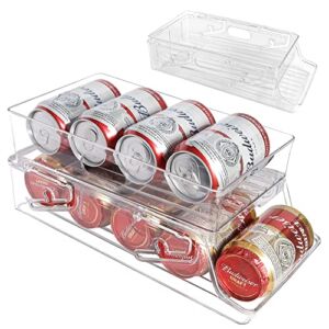 Liftable Double Layer Soda Can Organizer for Refrigerator, Lynndia Upgrade 2-Layers Foldable Automatic Rolling Drink Organizer for Fridge, Clear Plastic Canned Pantry Storage Holds11 Cans (1 Pack)