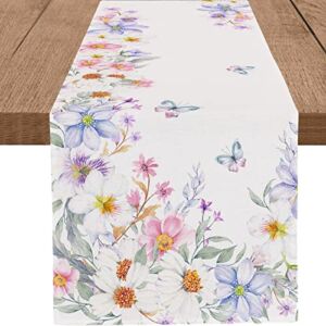 PROCIDA Spring Floral Table Runner Watercolor Butterfly Colorful Wildflowers Burlap Table Runners Seasonal Kitchen Dinning Decor for Holiday Indoor Outdoor Home Wedding Party 13×72 Inch