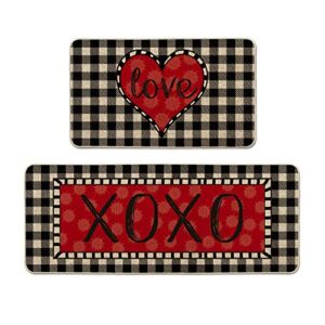 Artoid Mode Buffalo Plaid XOXO Love Valentine’s Day Decorative Kitchen Mats Set of 2, Home Party Low-Profile Home Kitchen Rugs – 17×29 and 17×47 Inch