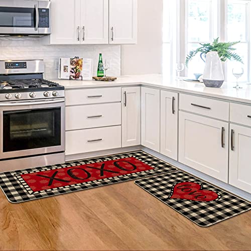 Artoid Mode Buffalo Plaid XOXO Love Valentine’s Day Decorative Kitchen Mats Set of 2, Home Party Low-Profile Home Kitchen Rugs – 17×29 and 17×47 Inch | The Storepaperoomates Retail Market - Fast Affordable Shopping