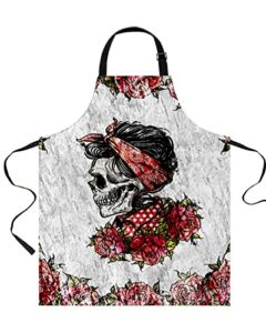 Red Rose Kitchen Aprons with Pockets, Skull Wearing a Red Headscarf and Polka Dot Shirt Adjustable Bib Aprons for Cooking
