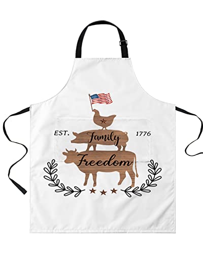 Farmhouse Animal Family Wings Kitchen Aprons with Pockets, White Independence Cow Pig Chicken Chef Aprons for Cooking | The Storepaperoomates Retail Market - Fast Affordable Shopping