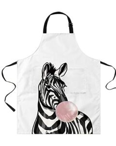 Watercolor Zebra Blowing Pink Bubbles Kitchen Aprons with Pockets, Black White Animal Pure Backdrop Chef Aprons for Cooking