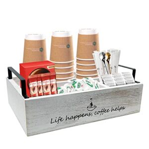 Ismosm Coffee Pods Holder with Handles Real Wood Coffee Pods Storage Caddy Paper Cup Holder Farmhouse Coffee Bar Accessories and Organizer Coffee Bar Decor for Home Kitchen Countertop, Office, Cafe, Buffet Table, Waiting Lounge (Color-White)