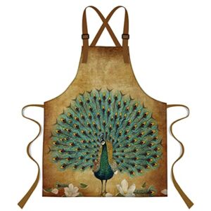 LshyMn Peacock Apron 33.4L x 27.5W Inches with 2 Pocket Extra Long Waist Tie Adjustable Shoulder Straps Bib Apron for Home Kitchen Cooking Waitress Chef Apron WQLSMN124