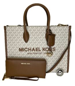 Michael Kors Mirella MD EW Logo Tote Bag bundled with Large Continental Wallet and Purse Hook (Signature MK Vanilla/Luggage)