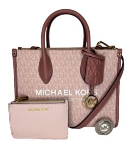 Michael Kors Mirella Small Shopper Top Zip Bag bundled SM TZ Coinpouch Purse Hook (Pink MK Signature)