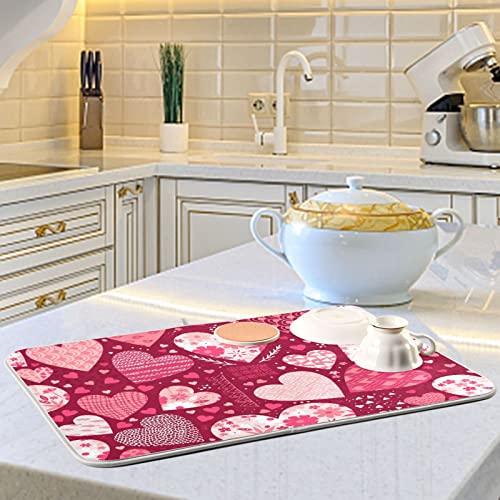 JUMBEAR Valentine’s Day Love Heart Dish Drying Mat Absorbent Reversible Dish Drainer Pad Tableware Mat for Kitchen Countertop Home Decoration, 18 x 24 Inch | The Storepaperoomates Retail Market - Fast Affordable Shopping
