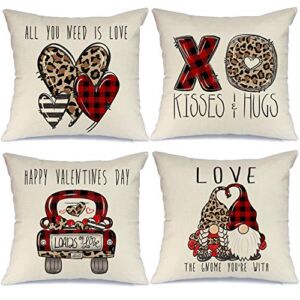 GEEORY Valentines Day Pillow Covers 18×18 Inch Set of 4 for Home Decor Red Black Buffalo Plaid Love Heart Truck Decor Valentines Day Throw Pillows Decorative Cushion Cases Valentine Decorations