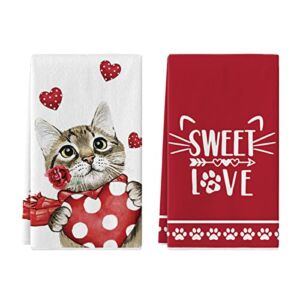 Artoid Mode Sweet Love Scarf Cat Valentine’s Day Kitchen Towels Dish Towels, 18×26 Inch Seasonal Decoration Hand Towels Set of 2