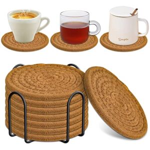 Mckanti 8 Pcs Drink Coasters with Holder, Absorbent Coasters for Drinks, Minimalist Cotton Woven Coaster for Coffee Table Home Decor Tabletop Protection Suitable for Kinds of Cups, 4.3 Inches.