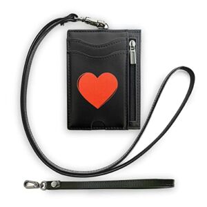 Lazy Skull Minimalist Heart Wallet | Cute Slim Card holder with Two Lanyards for Wrist and Neck with RFID Blocking Lining | Elegant Black Wallet with Attachment Ring and Zipper and Coin Pocket