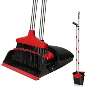 GRAREND Broom and Dustpan Set for Home, Upright 55″ Broom and Dustpan Combo with Long Handle, Lobby Broom Sweeping for House Kitchen Room Office Indoor Floor Cleaning Supplies Housewarming Gift – Red