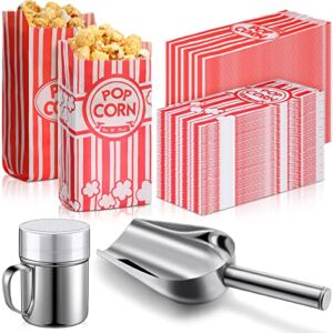 602 Pcs Popcorn Maker Supplies Set Includes 600 Oil Proof Popcorn Bags 1 Sifting Speed Stainless Steel Popcorn Scoops and 1 Popcorn Seasoning Dredge Shaker with Handle for Home Kitchen Movie Party Use