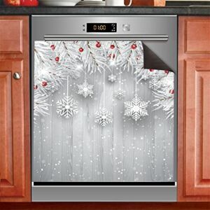 Dishwasher Cover Panel, Silver Snowflakes Wooden Christmas Refrigerator Magnet Cover Decal Fridge Microwave Stickers Home Seasons Decor, 26″ x 23″
