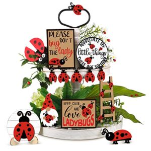 12 Pcs Red Ladybug Tiered Tray Decor Set Spring Summer Wood Sign Rustic Farmhouse Decor Ladybird Tiered Tray Decorative Trays Signs for Home Kitchen Decorations (Ladybug)