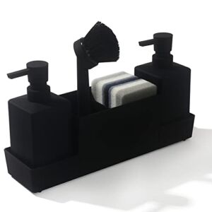 Kitchen soap Dispenser with Sponge Holder Set for Sink Caddy (double soap dispensers and 1 Brush) Matte Black