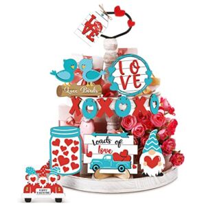 Jetec Valentine’s Day Tiered Tray Decor Love Table Wooden Sign Decorations Lover Bird Tabletop Farmhouse Pink and Blue Happy Valentine Decor for Wedding Anniversary Party Holiday Kitchen Home Decor