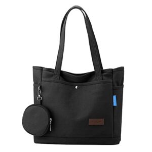 Black Canvas Tote Bag with Multi Pockets and Zipper, Large Capacity Ladies Handbag with Coin Purse and 4 External Pocket,Cotton Canvas Casual Shoulder Bag Top Handle Purse for Daily School Travel Work