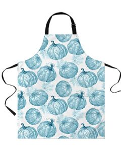 Fall Blue Pumpkin Waterproof Apron With Pockets, Thanksgiving Autumn Leaves Wateroclor Kitchen Chefs Bib Cooking BBQ Grill Bake Adjustable Aprons for Women/Kids Home Garden Grooming Painting Gardening