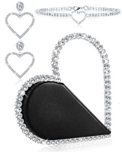 Henoyso Cute Mini Heart Shape Evening Clutch Bag Rhinestone Choker Necklace Heart Earrings for Women and Girls Wedding Party