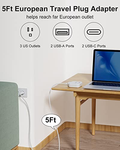 European Travel Plug Adapter, US to European Plug Adapter with 3 American Outlets & 4 USB, 5ft Europea Power Cord, International Travel Power Strip, Type C for Europe EU Germany France, Travel, White | The Storepaperoomates Retail Market - Fast Affordable Shopping