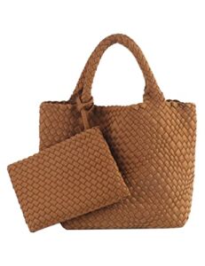 Designer Woven Tote Bag + Purse Women Neoprene Tote Handbag Fashion Large Shoulder Top-Handle Travel Bag Underarm Shopper Bag Brown