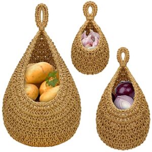 Graciadeco Jute Wall Hanging Vegetable Fruit Baskets for Kitchen Teardrop Woven Wall Mounted Hanging Onion Potato Garlic Basket Bags Set of 3 Large Medium Small Produce Bags for Kitchen