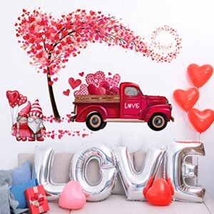 Yovkky Gnome Red Truck Wall Decals Stickers, Valentine’s Day Pink Heart Tree Home Bedroom Decor, Buffalo Plaid Check Wedding Anniversary Romantic Living Room Kitchen Decorations Art for Couple