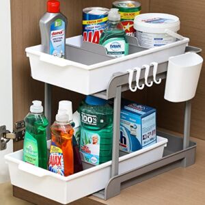 2 Tier Slide Out Under Sink Organizers and Storage with Removable Dividers – Undersink Cabinet Drawers for Bathroom, Kithcen Cleaning and Organization – Multiuse Home Pull Out Organizing Tray, 1 Set