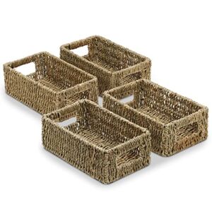 Graciadeco 4 Small Wicker Baskets 10 Inch Rectangle Woven Seagrass Rattan Pantry Storage Baskets Set of 4 for Kitchen Shelves Cabinet Organizing