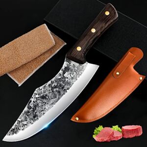 VCXOX 7.3 Inch Professional Curved Back Cutting Meat Knife Chef Knives With Carrying Leather Knife Sheath High Carbon Stainless Steel Cutting Knife for Meat Cooking Tool Outdoor and Home Use