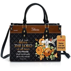 Jesuspirit Christian Scripture Gifts For Women Of God – Personalized Religious Purse Faith Gift For Church Ladies – I Will Bless The Lord At All Times Customized Spiritual Leather Bag