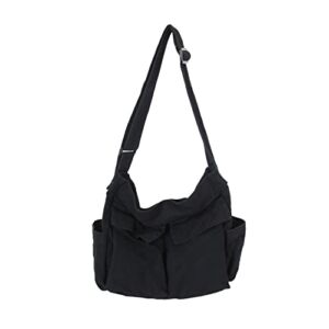 Women Canvas Messenger Bag Hobo Tote Cute Shoulder Bag Large Crossbody Bags with Multiple Pockets for Travel School Black