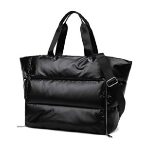 Puffer Tote Bag of Women,Large Designer Handbags, Winter Soft Puffer Shoulder Bag Ladies Yoga Fitness Bag Travel Bag(Black)