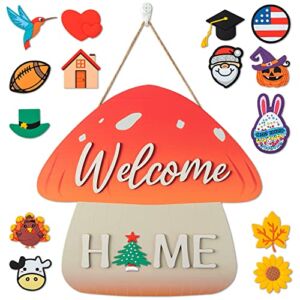 Mushroom Interchangeable Seasonal Welcome Sign Front Door Decoration, Wall Hanging Sign Outdoor, Farmhouse Cottagecore Porch Decor, House Warming Gifts for New Home, All Seasons Holiday Gifts