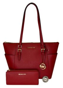 Michael Kors Charlotte Large Top Zip Tote bundled with Quarter-Zip Wallet and Michael Kors Purse Hook (Chili Red)