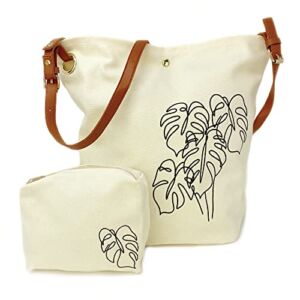 Monstera Canvas Crossbody Tote Bag & Zipper Pouch, Shoulder Tote Bag, Plant Lover Gifts For Women
