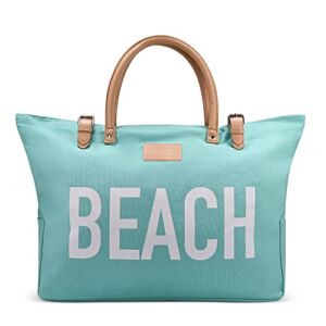 Womens Zipper Top Stylish Canvas Beach Pool Travel Tote Bag Large Carry On Bag With Leather Shoulder Straps (Teal with beach logo)