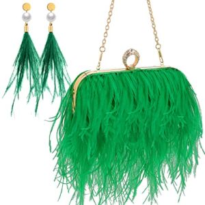 2pcs Women’s Real Natural Ostrich Feather Tote Evening Bag and Ostrich Feather Earrings Feather Clutch Long Dangle Earring for Women Girl (Green)