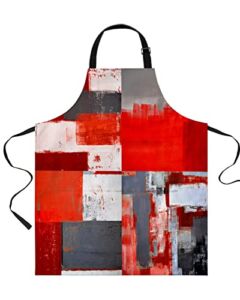 Abstract Red Bib Aprons for Women With Pockets,Modern Geometric Grey White Painting Art Waterproof Canvas Chef Kitchen Cooking Apron for Painting/Hair Stylist/Kids Arts And Crafts/Dishwashing/Pottery