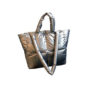 Soft Puffer Tote Bag Puffy Quilted Tote Bag For Women Winter Lightweight Down Cotton Padded Puffer Purse Trendy Luxury Silver