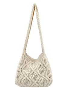 Verdusa Women’s Crochet Shoulder HandBags Hobo Knitted Tote Bag Shopping Bags Beige one-size
