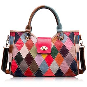 Women’s Top-handle Handbag with Colorful Patchwork Design, Stylish Leather Crossbody Shoulder Bag Purse Tote Bag for Lady